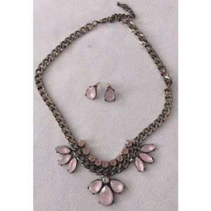 Pink stone necklace and pierced earring set